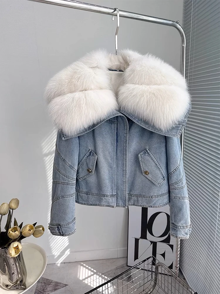 狐狸毛皮草牛仔外套海宁爆款大毛领鹅绒羽绒服