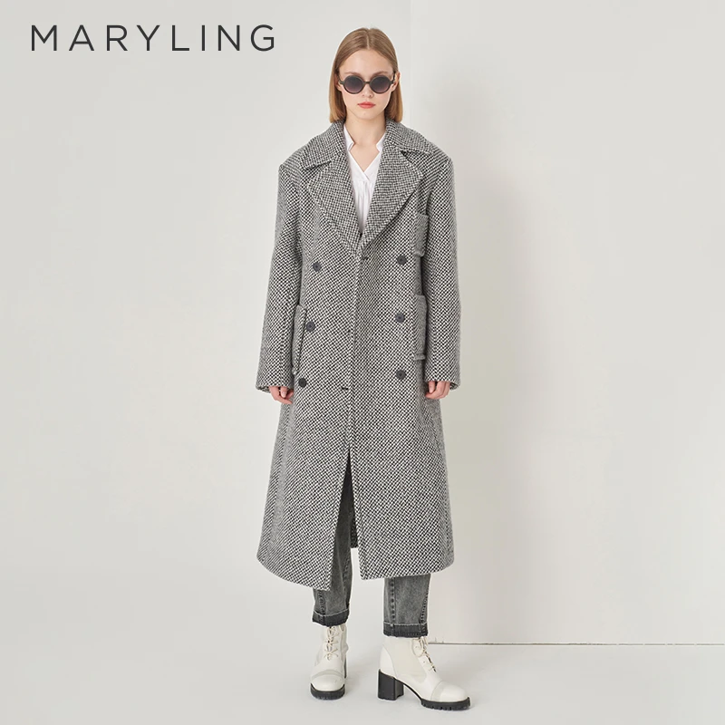 MARYLING玛俪琳冬季复古黑白格收腰A摆长款羊毛大衣女A1DHW93340