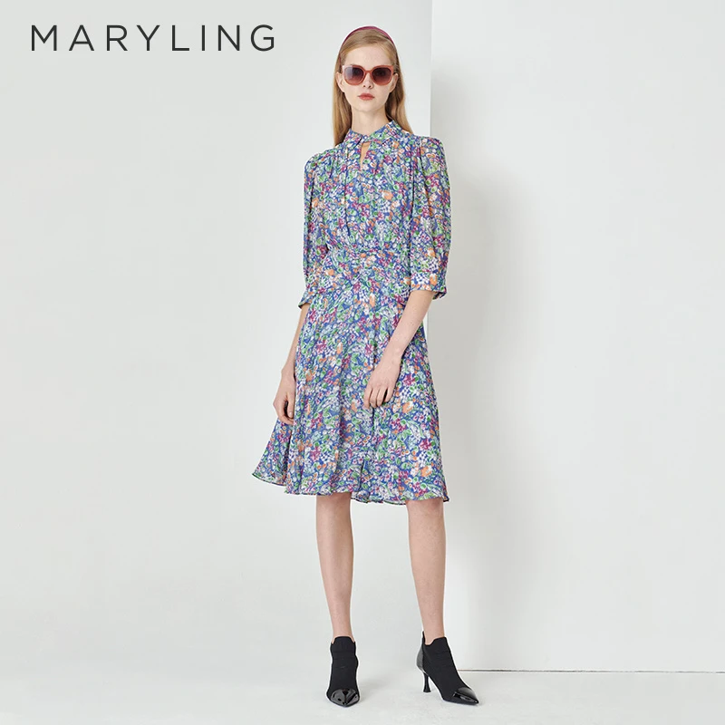 MARYLING玛俪琳春夏新品时尚优雅泡泡袖衬衣领连衣裙女A1DCW62360