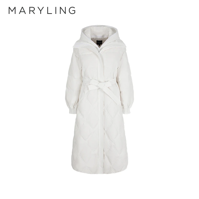 MARYLING玛俪琳2024冬季新品百搭白色长款连帽羽绒服A1EHW98090