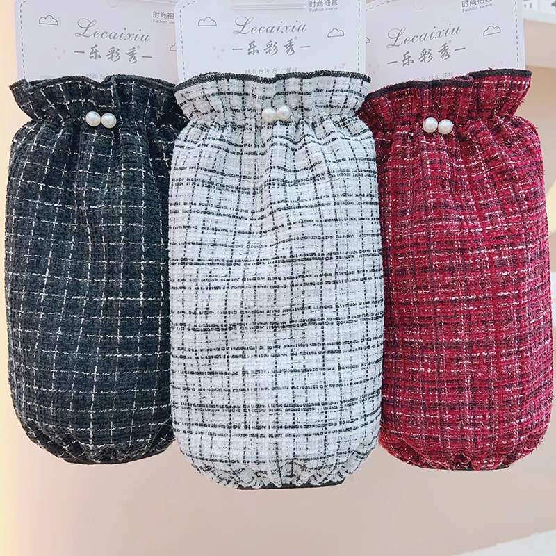 长款小香风格子袖套新款珍珠套袖女款秋冬季棉衣护袖时尚洋气袖头