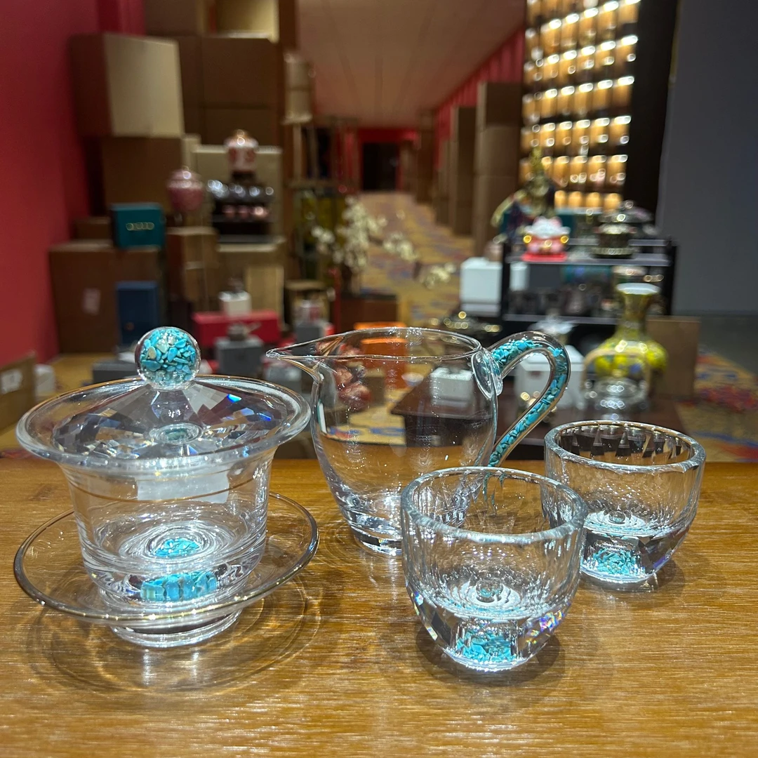 【闪购商品】绿松石玻璃一盖碗两杯+公道杯