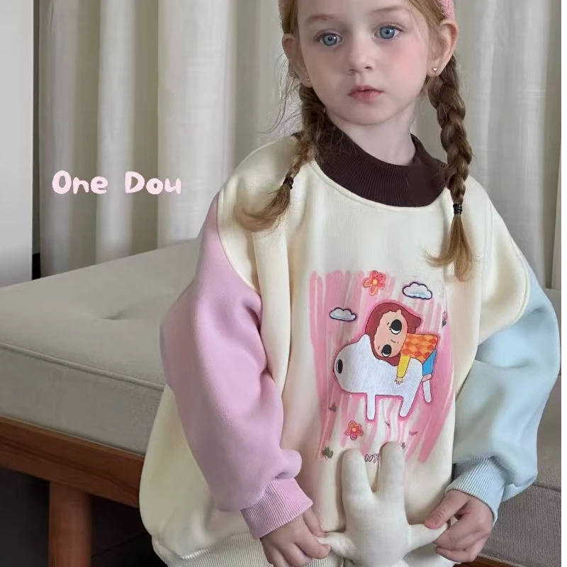 one豆 24年深秋新款男女童加绒加厚卡通印花拼接袖韩版卫衣