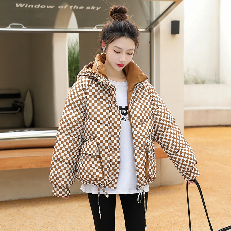 (萌萌专属)线下1088·《经典千鸟格》外套棉服女加厚连帽宽松棉衣