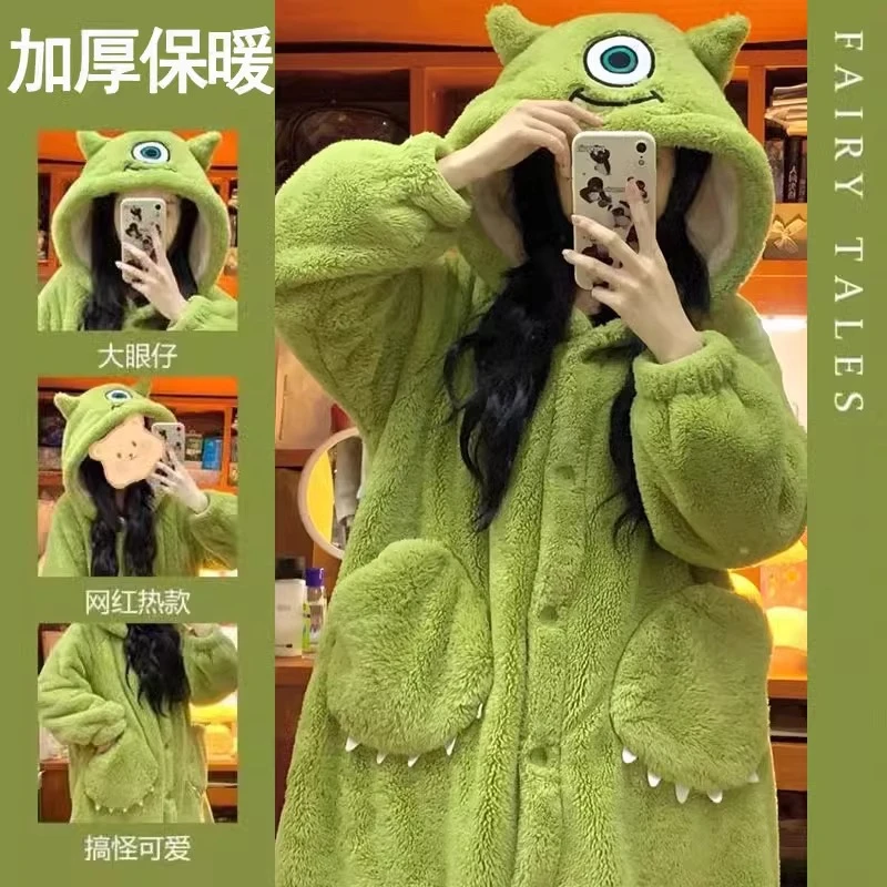 可爱网红卡通珊瑚绒睡袍女加绒秋冬季加厚连帽保暖长款家居服