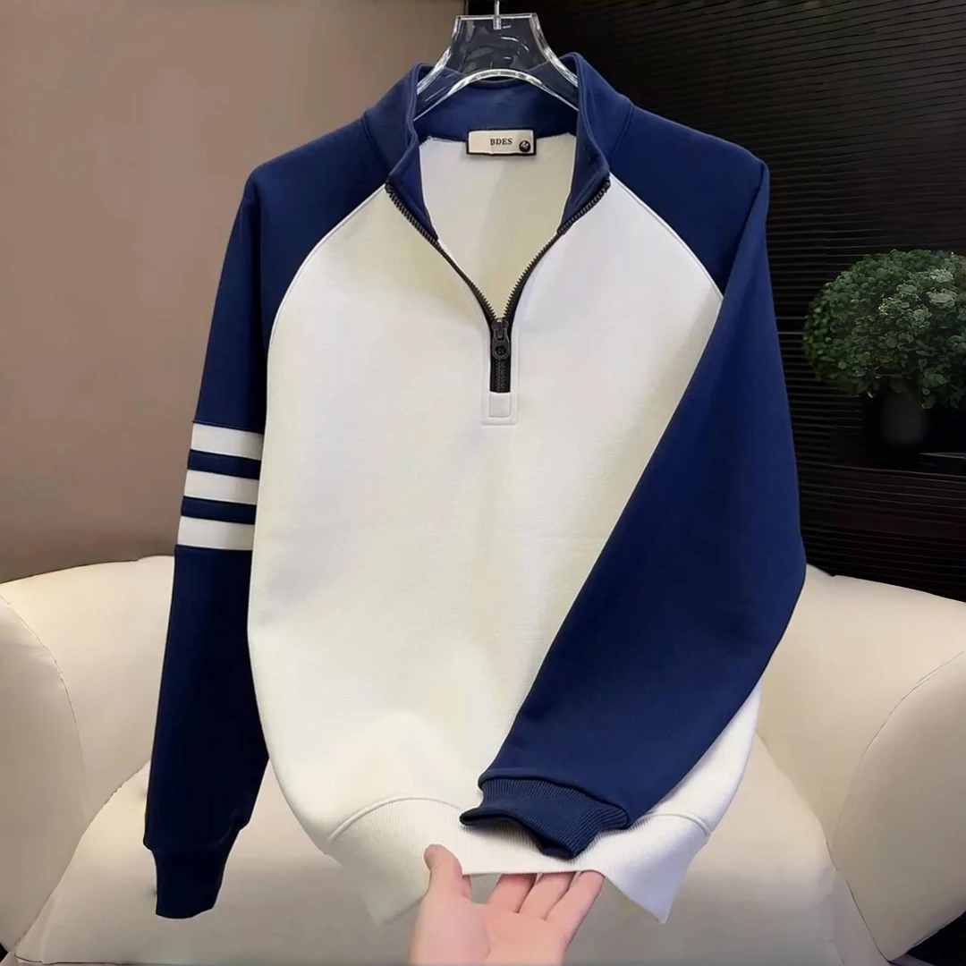 秋冬新款拼接立领半拉链卫衣男加绒加厚潮牌宽松百搭休闲长袖上衣
