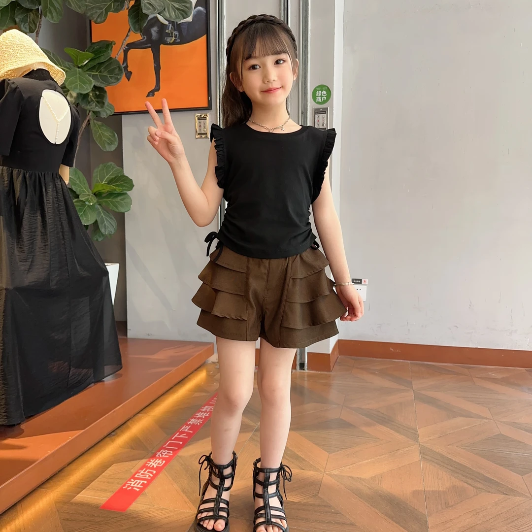 女童套装夏季2024新款中大童女孩时尚洋气无袖抽绳T恤裙裤两件套