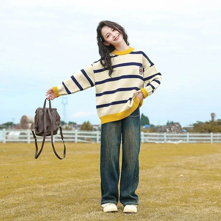 女童毛衣秋冬季2024新款6-12岁15岁中大儿童小女孩条纹小熊针织衫