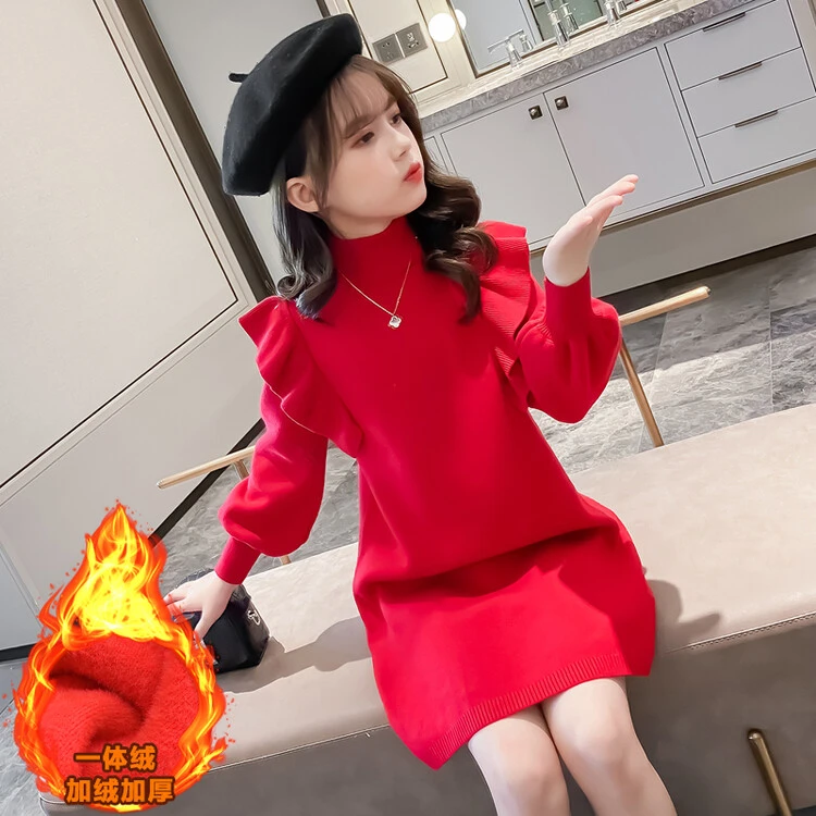 女童针织连衣裙秋冬儿童加绒加厚花边袖公主裙中大童红色毛衣裙子