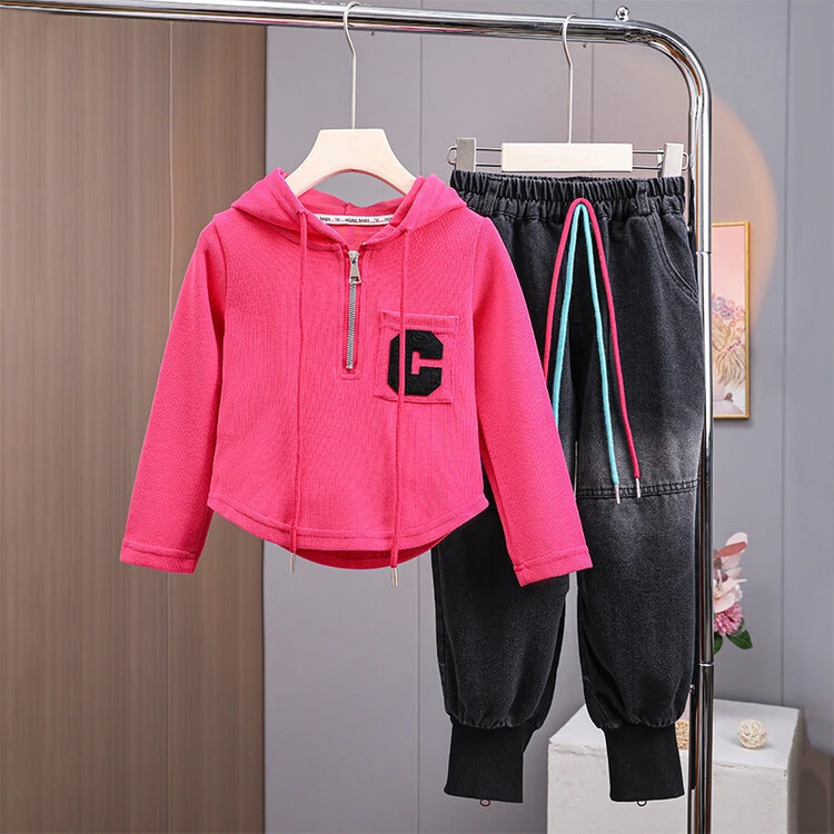 女童套装春秋2024新款中大童小女孩休闲字母帽衫卫衣牛仔裤两件套