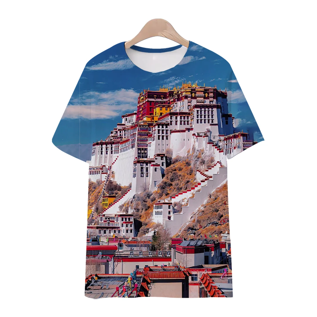 西藏布达拉宫风景印花短袖夏季运动休闲宽松潮流国风圆领男士短袖