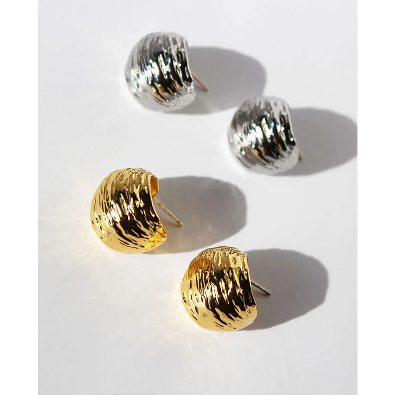 铜合金耳饰 925银欧美冷淡风褶皱拉丝肌理耳圈小众半圆C形耳环