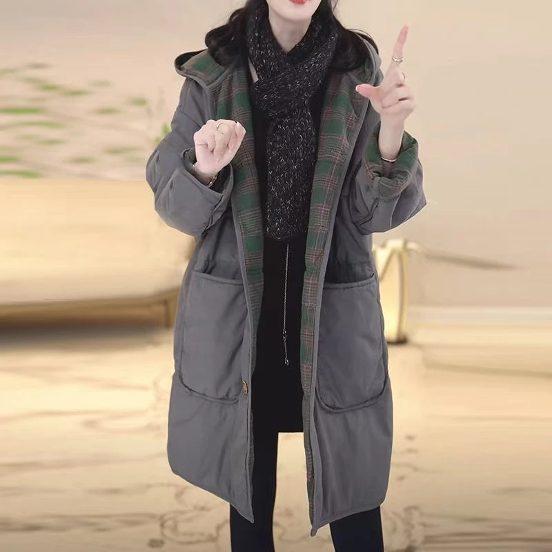 冬季新款复古简约气质连帽棉服女大码宽松休闲保暖抗寒双面穿外套