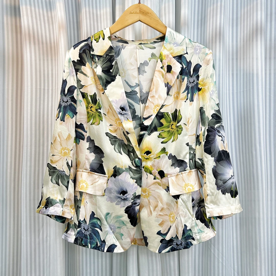 【萨拉迪恩】重磅桑蚕丝印花小西装女设计感休闲百搭气质真丝外套