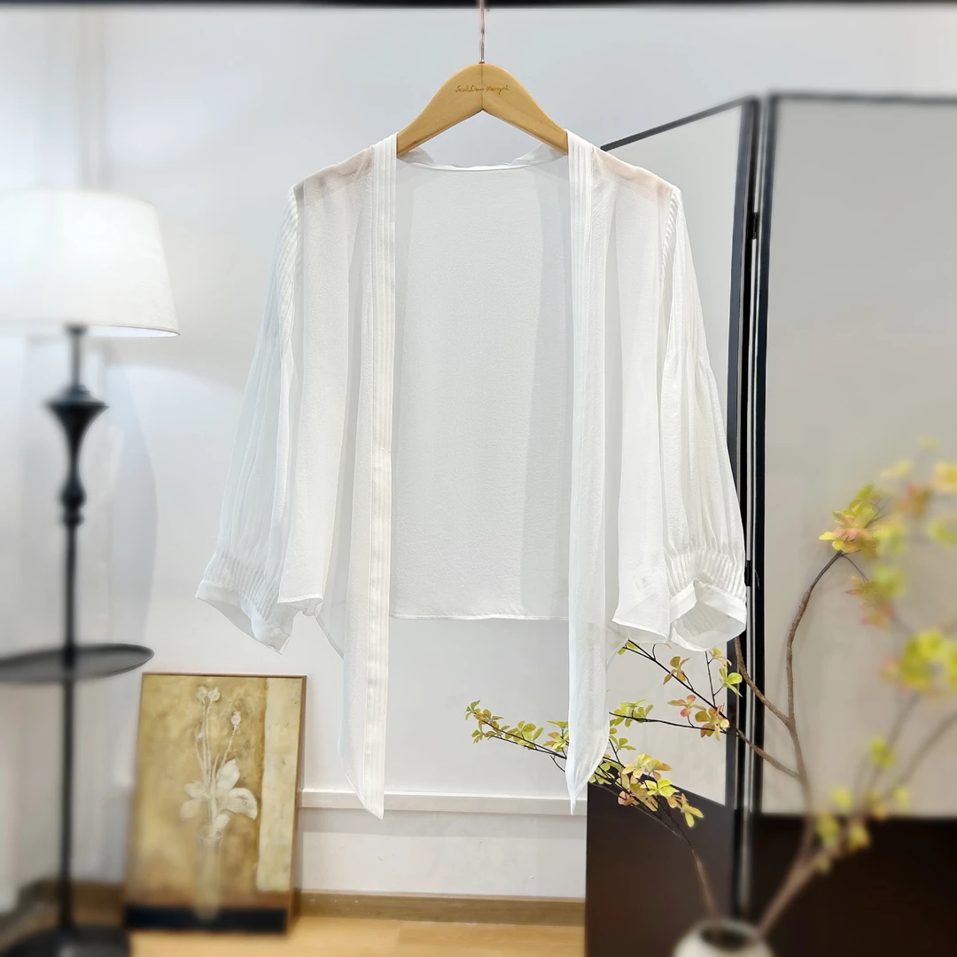 【萨拉迪恩】真丝桑蚕丝披肩外披空调衫外套女夏季薄款白色时尚百搭
