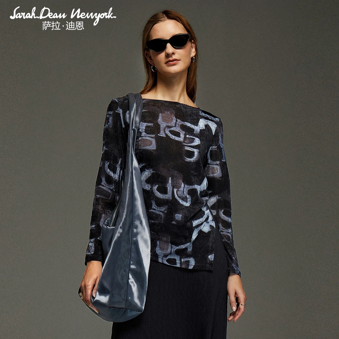 【萨拉迪恩】修身时尚百搭弹力网面百搭时尚内搭上衣女长袖打底女士