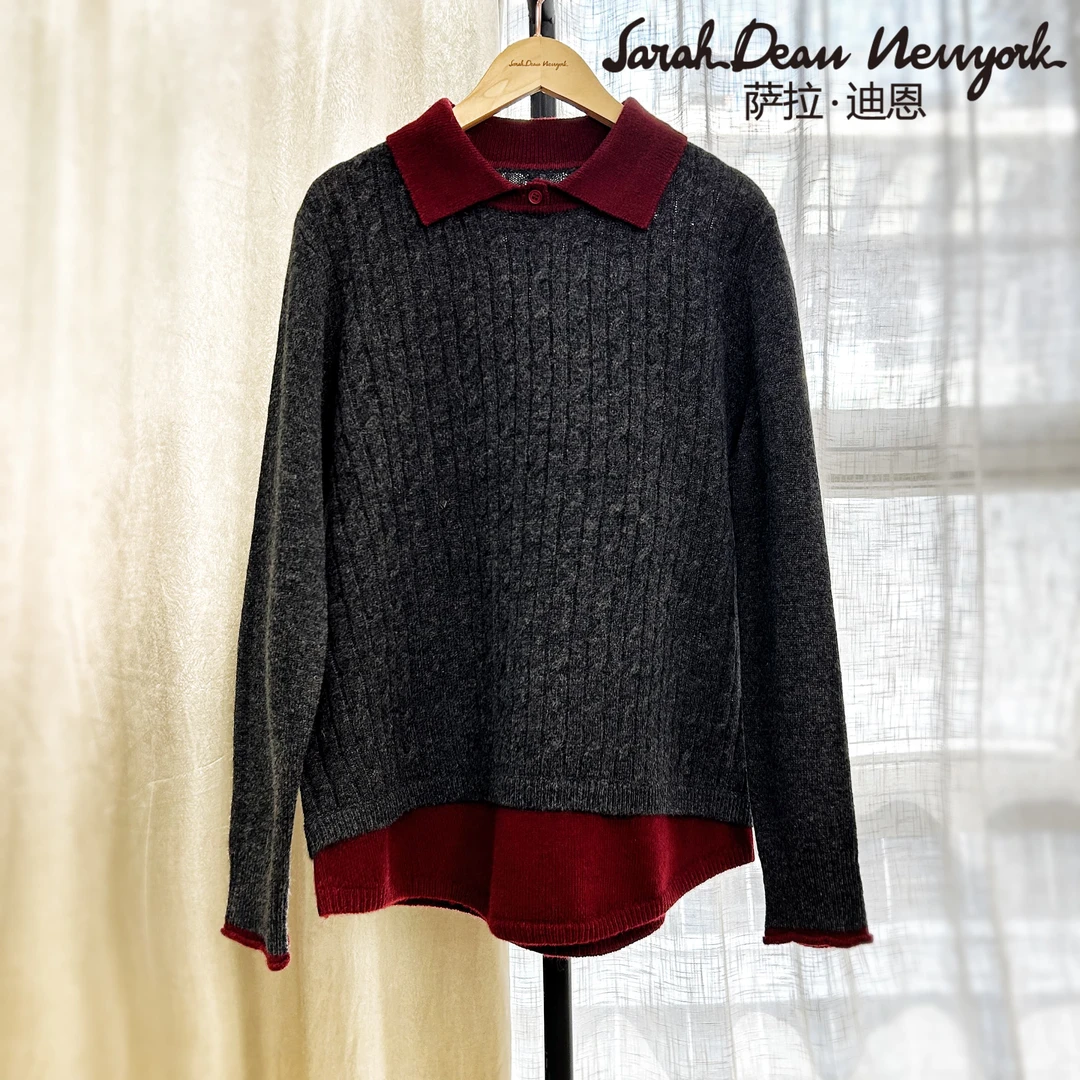 【萨拉迪恩】羊毛衫长袖假两件针织时尚休闲百搭女士秋冬毛衣上衣