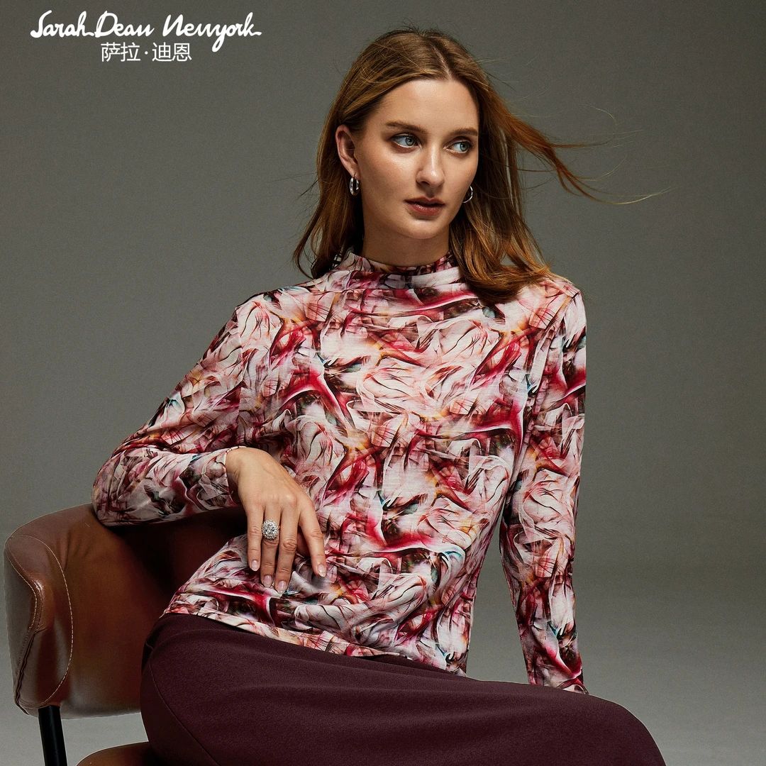 【萨拉迪恩】羊毛针织印花百搭长袖显瘦通勤气质上衣修身套头时尚