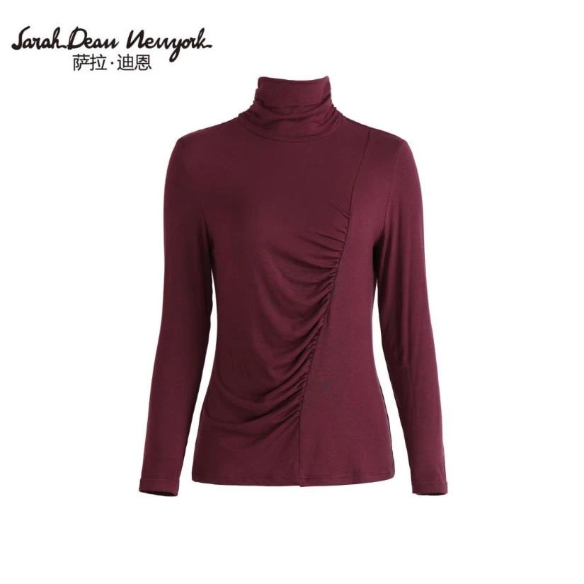 高圆领百搭休闲弹力松紧显瘦长袖纯色打底衫紧身