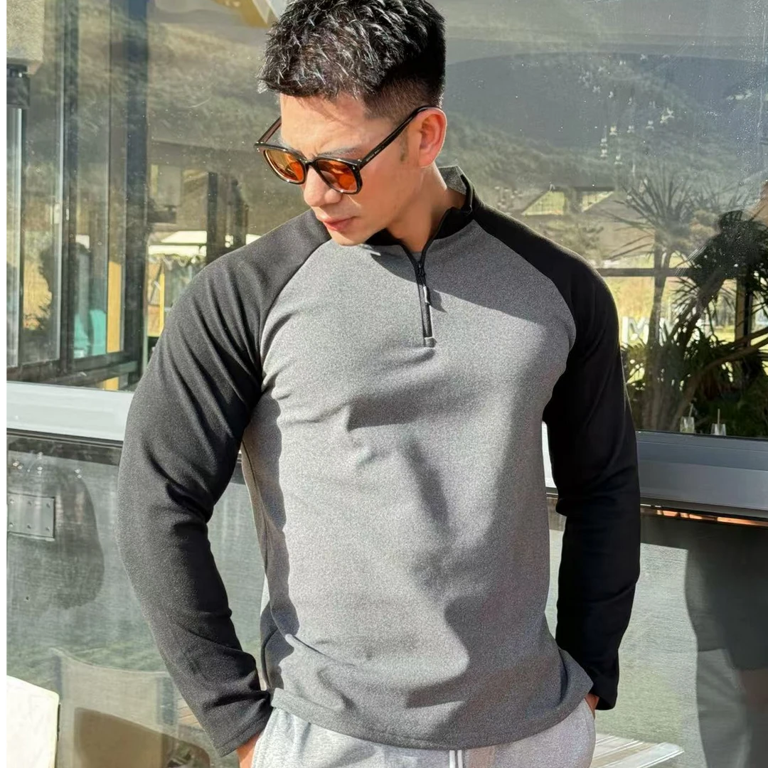 美式休闲秋冬拼色插肩德绒保暖加厚长袖打底运动健身弹力男装