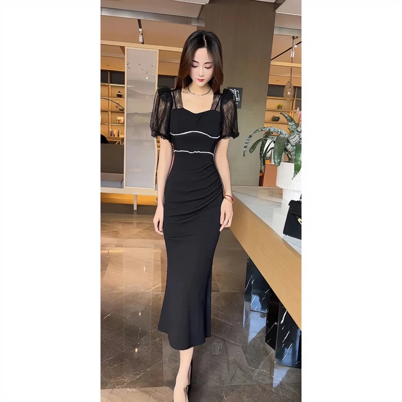 名媛风时尚洋气重工钉珠网纱拼接袖连衣裙女中长款显瘦修身鱼尾裙