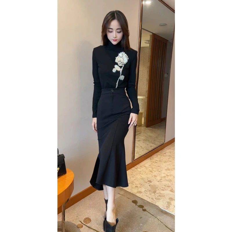 名媛风气质洋气重工亮片半高领上衣女中长款鱼尾半身裙潮