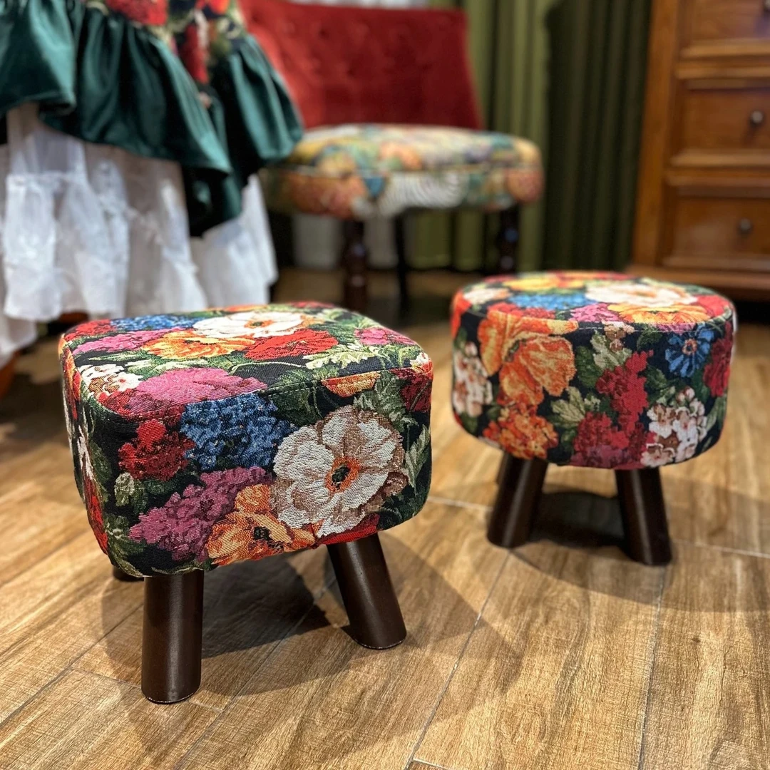 实木亚麻布艺小凳子波西米亚方凳古典家用换鞋凳复古小凳子休闲凳