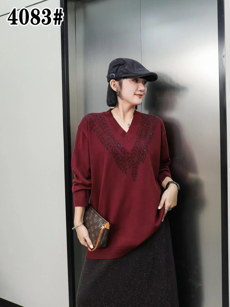 毛衣打底V领宽松大码亮片长袖针织衫气质时尚百搭