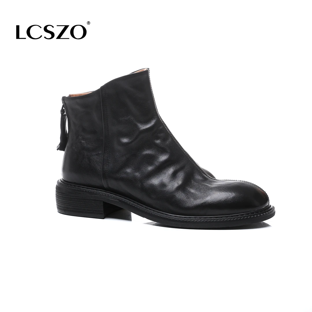 【LCSZO】 2024秋冬头层牛皮欧洲站时尚英伦风短靴圆头粗跟马丁靴女