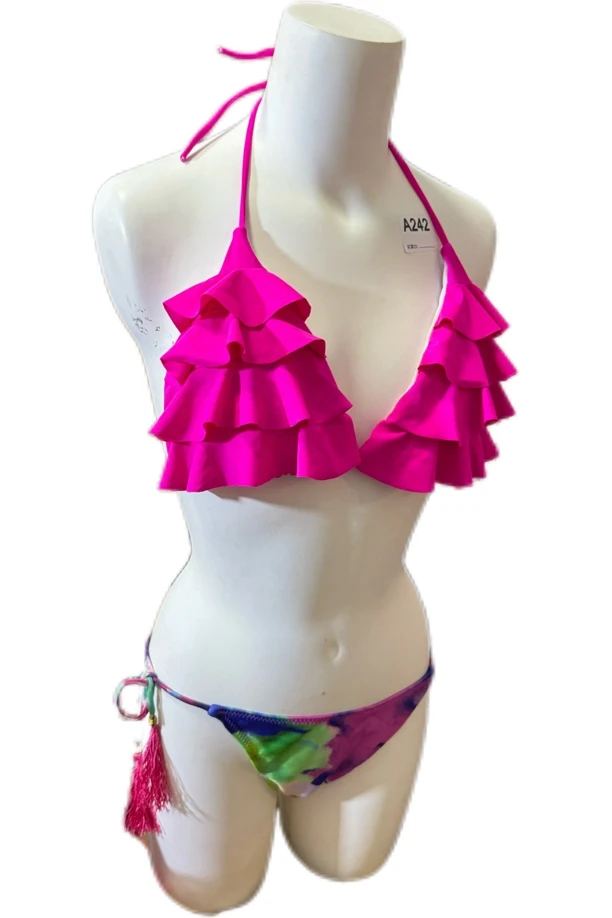 玫红色抹胸挂脖带钢卷厚垫垫大杯杯比基尼套装欧美