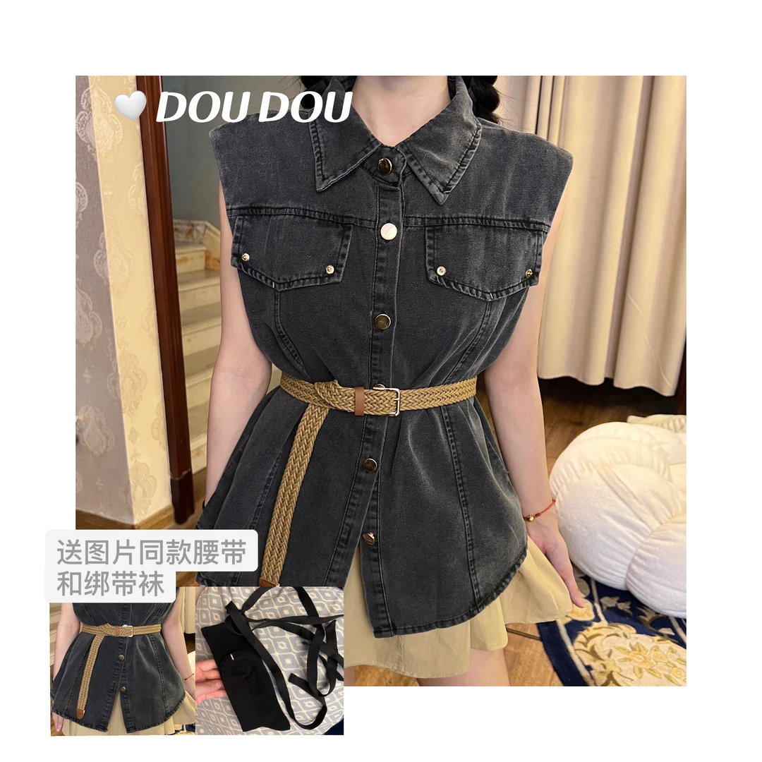 【水泥灰气质牛仔+卡其色裙子套装】显瘦时尚百搭夏季小众无袖复古