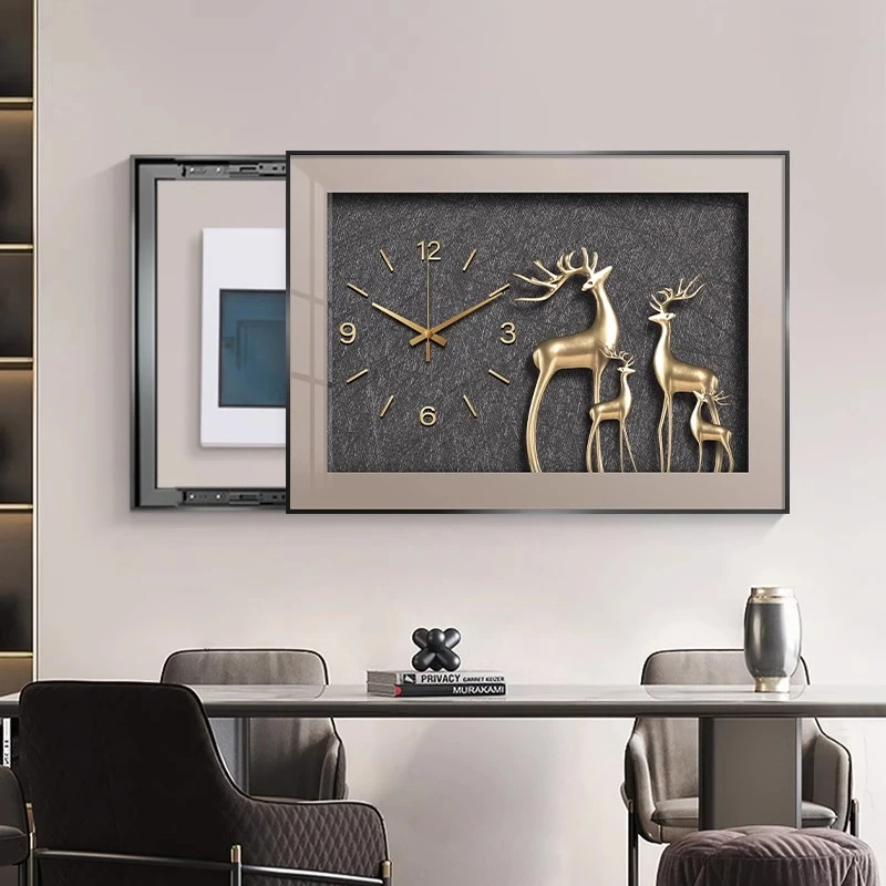 《福鹿相随》电表箱装饰画现代轻奢餐厅带钟表推拉式配电箱简约挂画