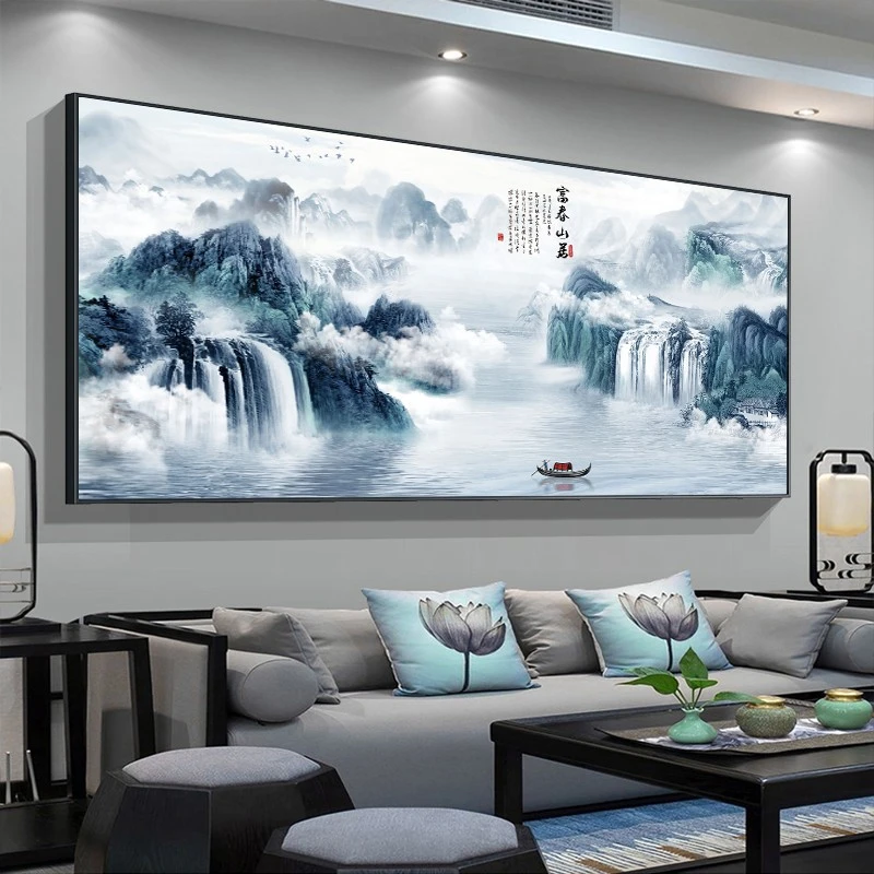 流水生财山水客厅挂画中式办公室背景墙壁字画轻奢高端风景意境画