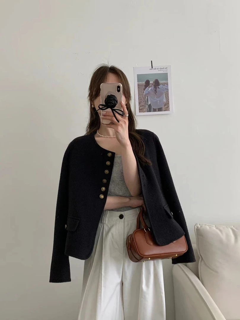 100%纯羊毛西西里安六金扣短款双面羊毛大衣轻奢小香风气质女士