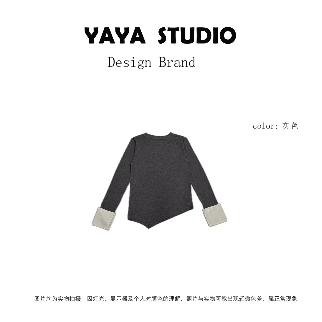 新款圆领撞色袖口设计宽松时尚拼接长袖打底衫