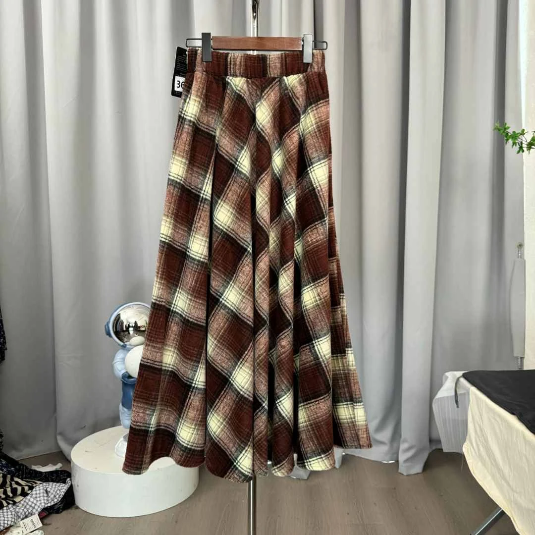 【丽】大摆毛呢高腰格子复古百搭中长裙半身裙女2025秋冬新款008