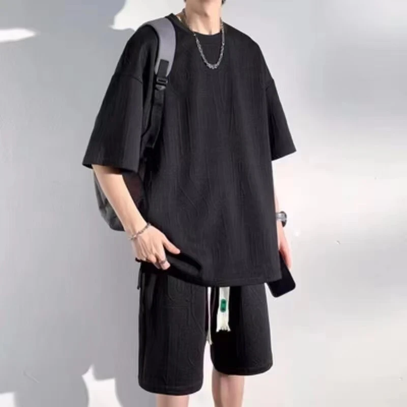 2025新款微宽松休闲设计感小众T恤套装男运动裤百搭两件套时尚