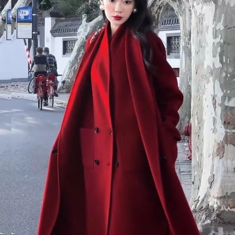 2025新款双面羊毛大衣长款两件套宽松高级气质时尚百搭毛呢外套女