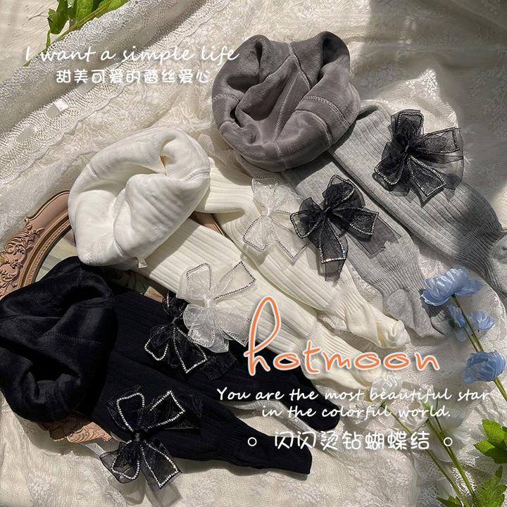 冬季新品烫钻可爱蝴蝶结保暖加绒加厚儿童可爱打底裤袜女