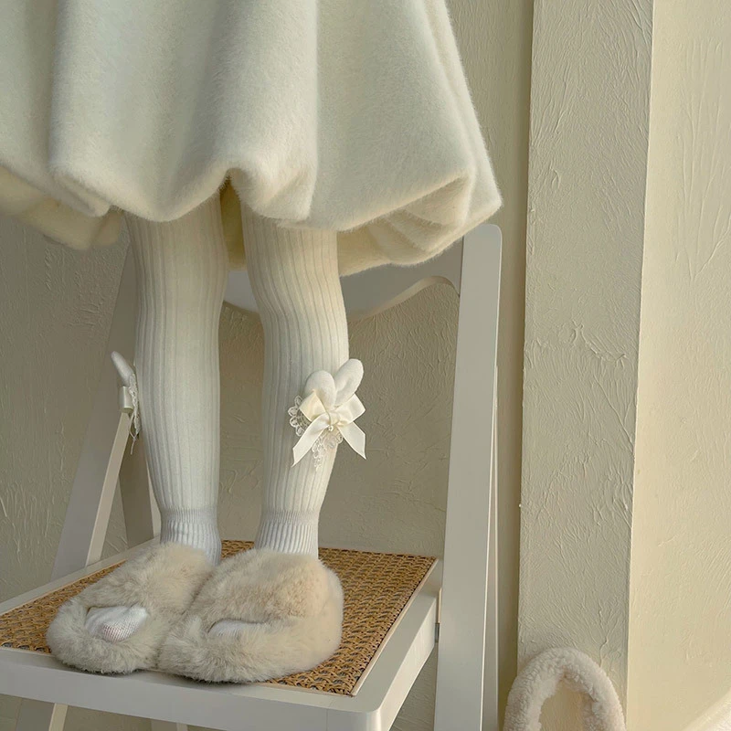 冬季新品蕾丝兔耳蝴蝶结加绒加厚打底裤连脚宝宝女童裤袜