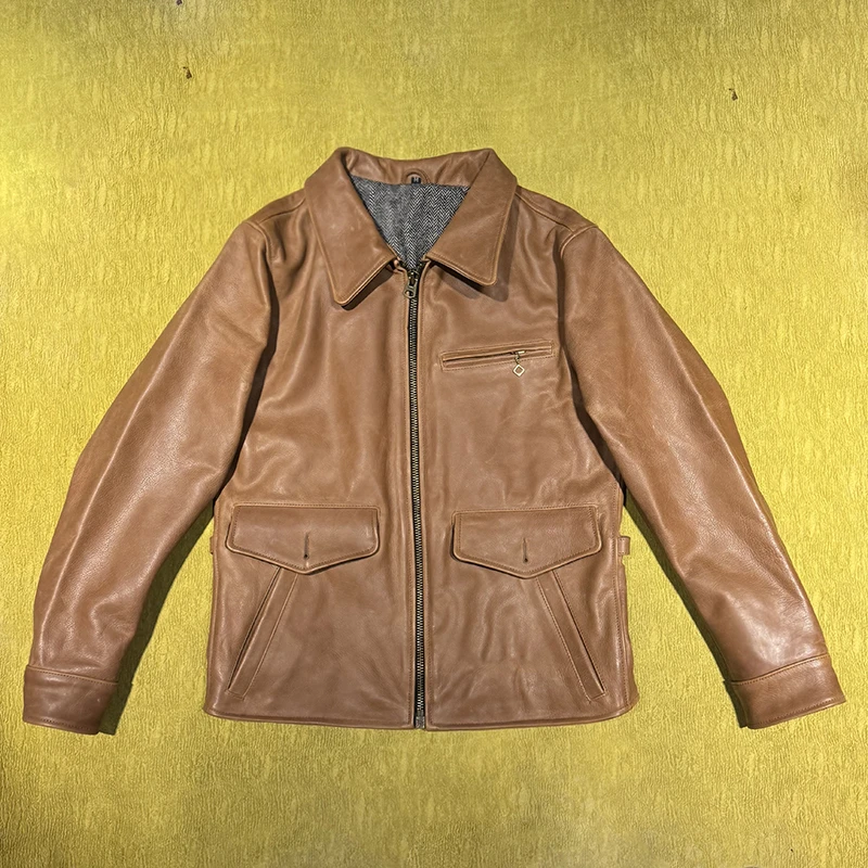 张学友同款报童牛皮植鞣短款外套