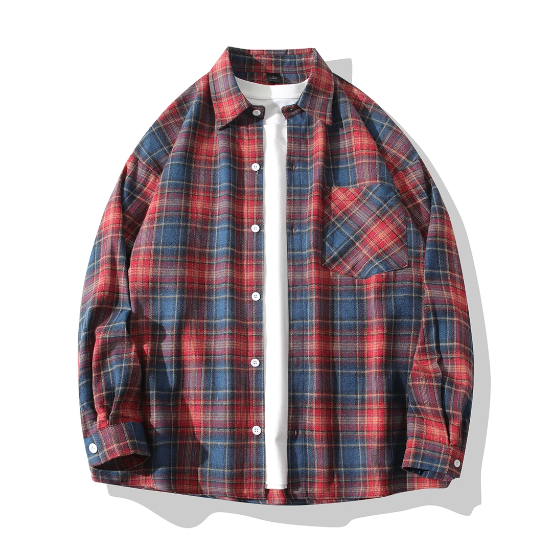 格子长袖衬衫男春秋学生韩版宽松休闲外穿衬衣服港风潮牌百搭外套