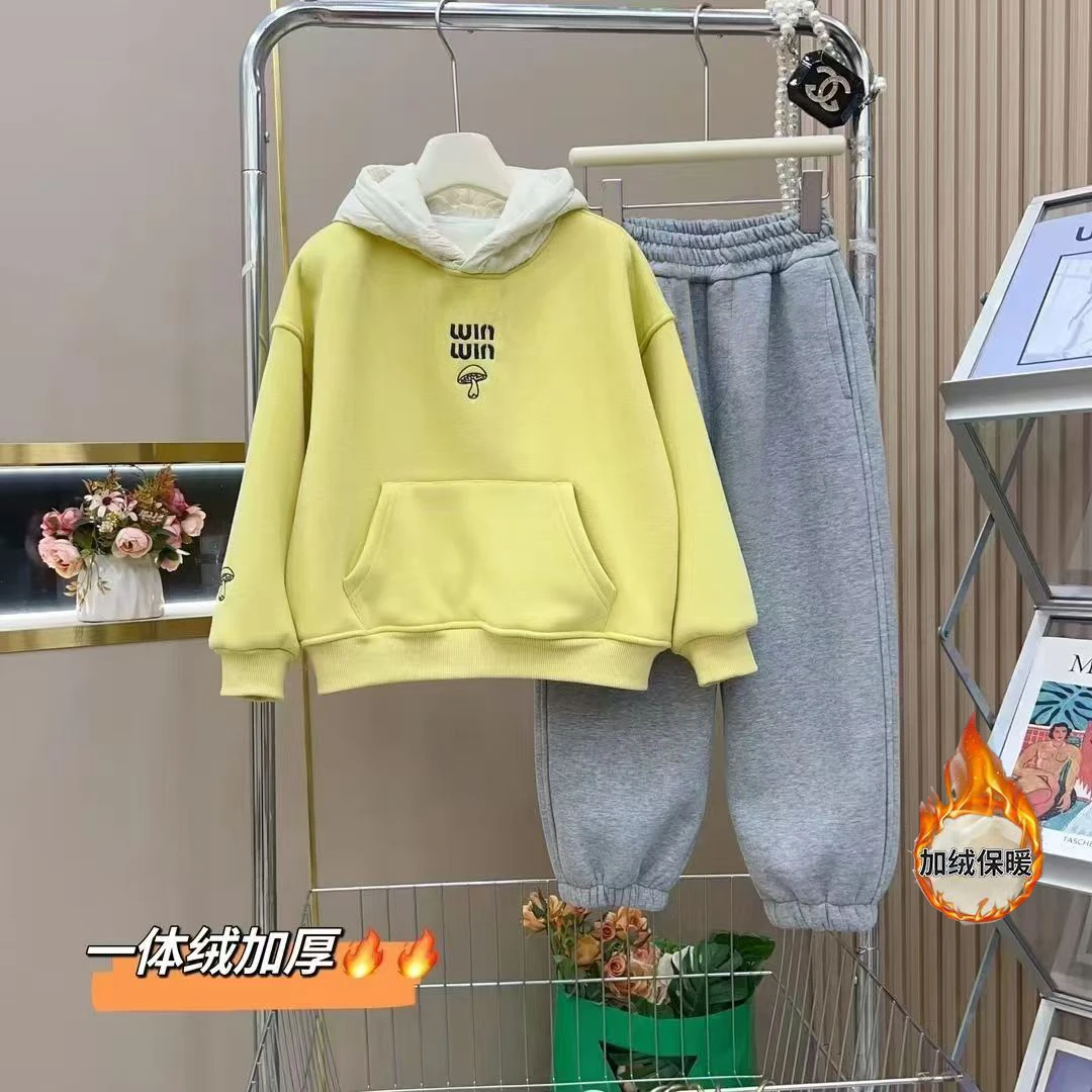女童2024秋冬季新款韩版洋气加绒卫衣+休闲加绒卫裤套装中大童潮