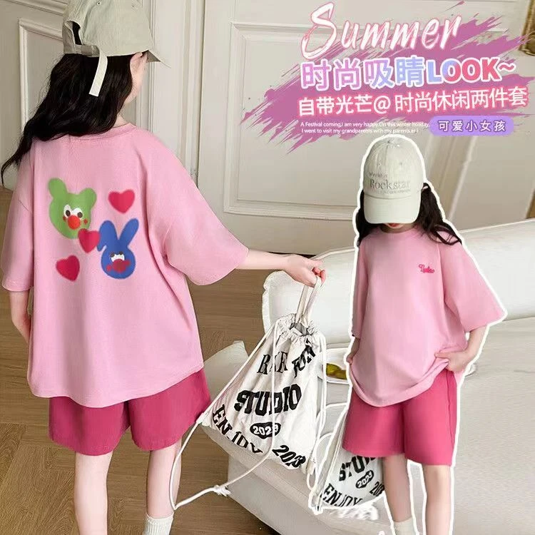 女童夏款套装2024新款网红洋气大童韩范潮酷炸街短裤女孩休闲短袖