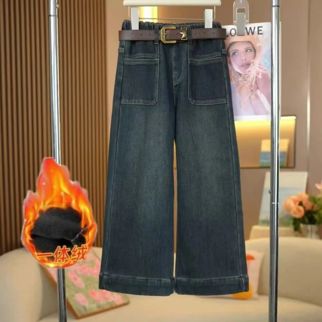 女童加绒拼接口袋阔腿裤2024冬季新款中大童时尚百搭儿童牛仔裤潮