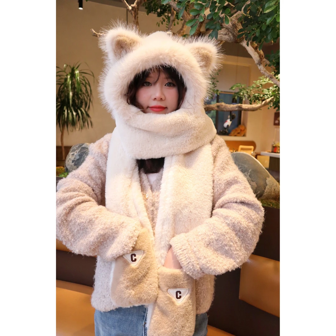 （猫耳朵三件套）骑车帽子围巾一体女秋冬季护耳加绒加厚保暖帽子