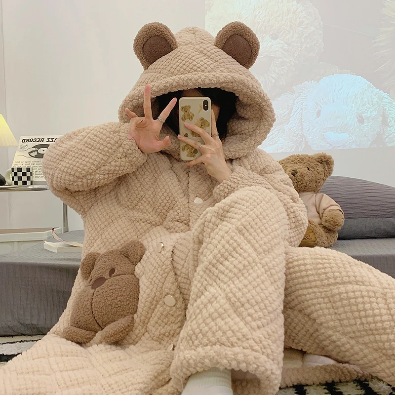 珊瑚绒夹棉睡袍女冬季睡衣2025年爆款连帽睡袍长款加绒加厚家居服