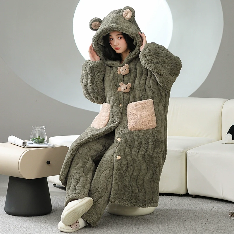 睡衣女款冬季珊瑚绒睡袍加厚加绒三层夹棉袄连帽浴袍高级感家居服