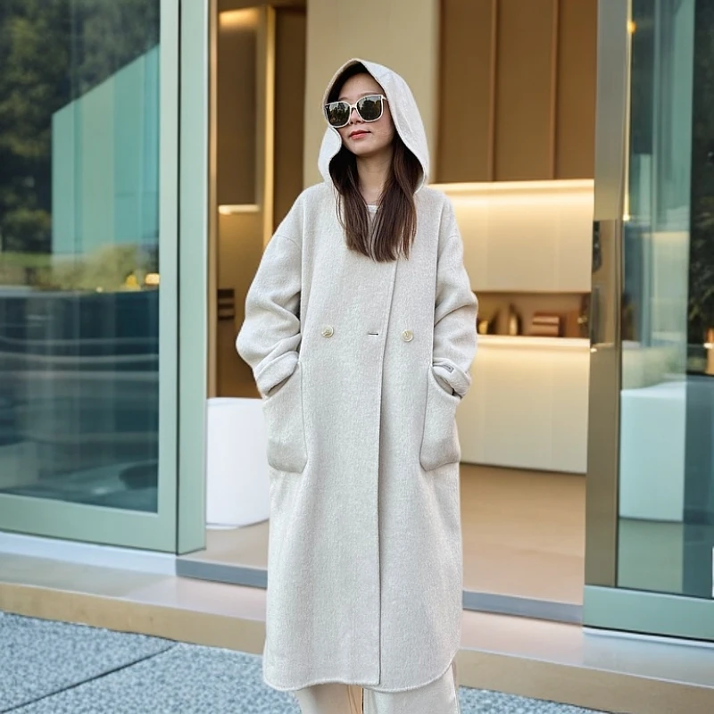 CARING PARK连帽宽松双面羊绒大衣24秋冬新款大衣外套