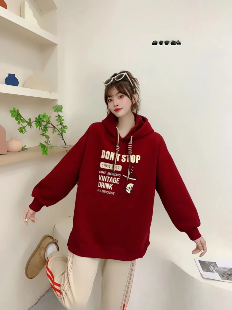 卫衣加厚时尚百搭胖妹妹卫衣连帽宽松加绒ins长款冬印花美拉德系